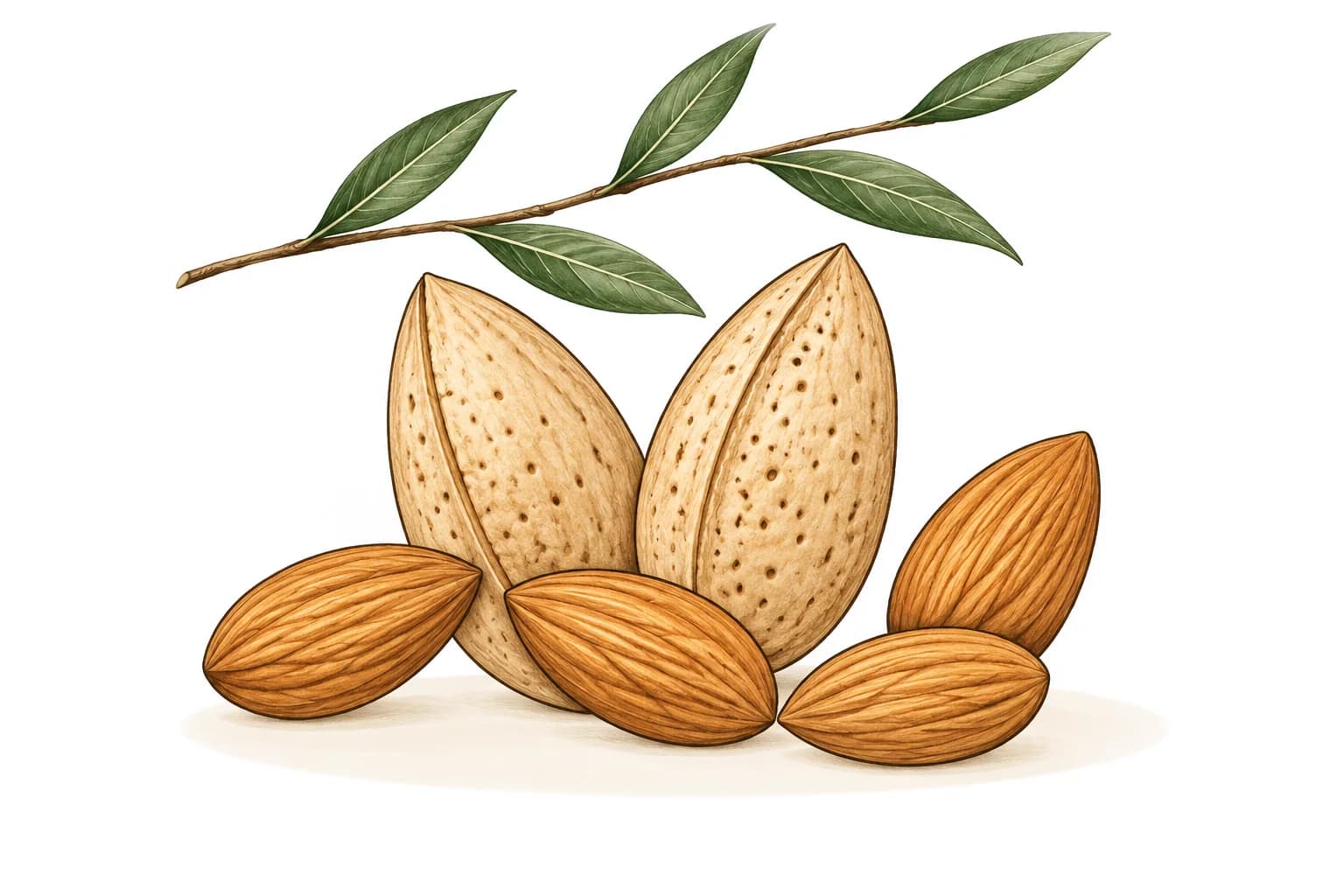 Illustration of inshell almonds and kernels beneath an almond branch