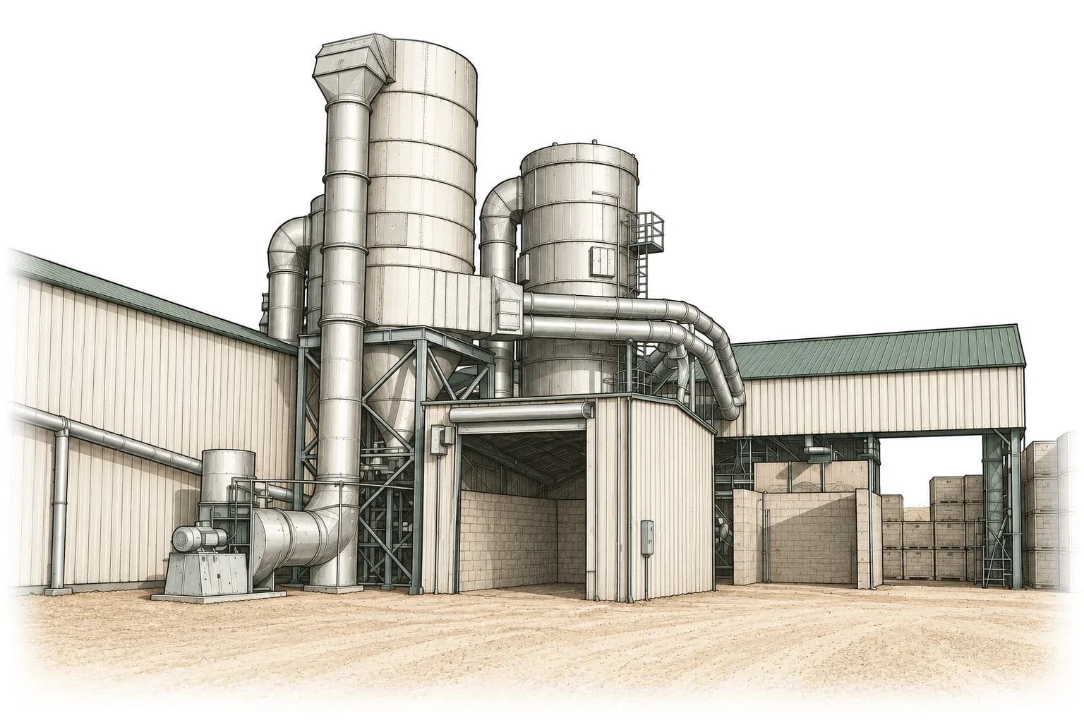 Illustration of the Famoso huller: steel towers, ducting and storage sheds