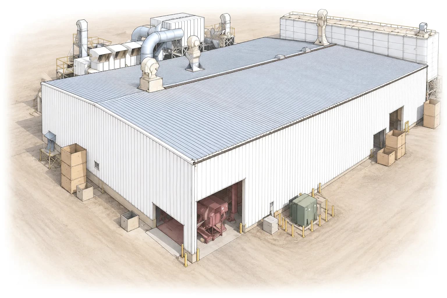 Illustration of the Famoso huller: a large steel building with rooftop dust collection and equipment yard