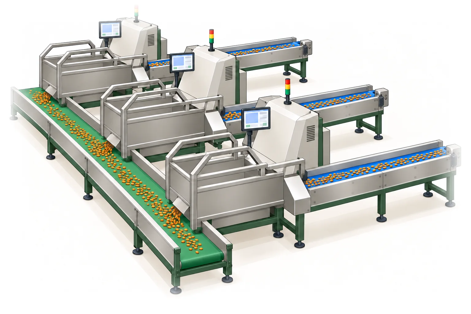 Illustration of almonds running on conveyors through optical sorting machines