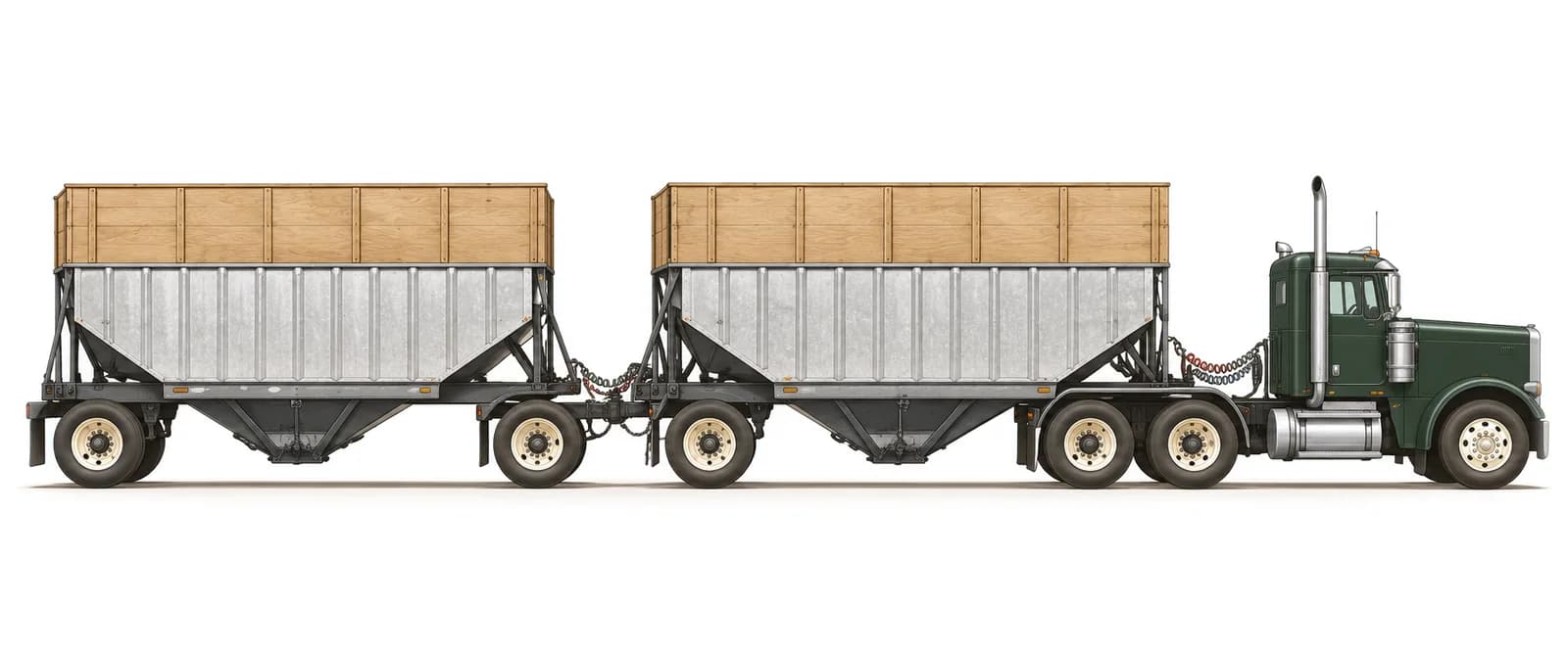 Illustration of a truck pulling two hopper trailers of almonds