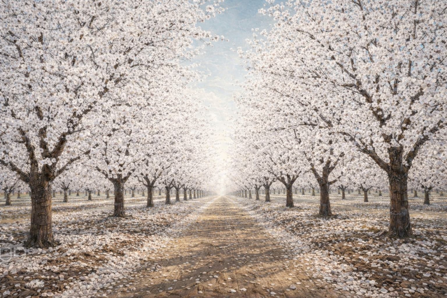 Painting of an almond orchard in full bloom